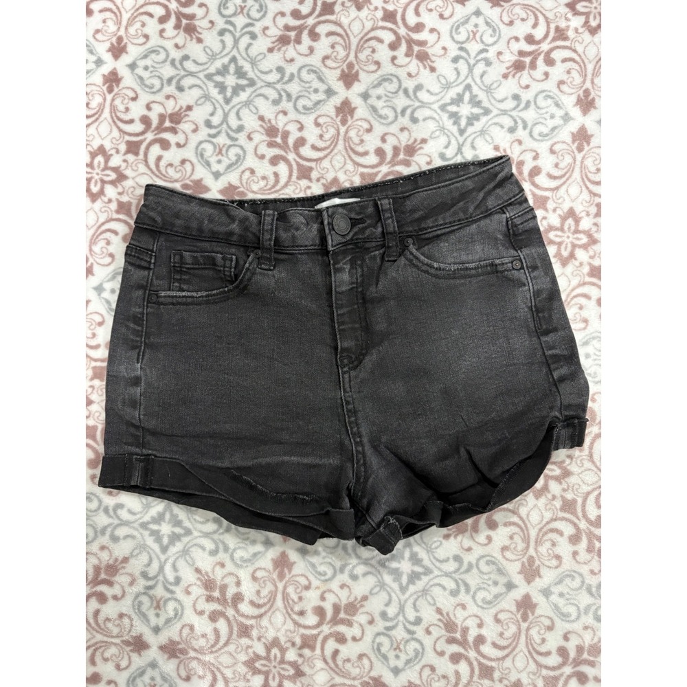 RSQ Super High Rise Black Denim Shorts Size 12 Girls Faded Rolled Hem Cutoffs